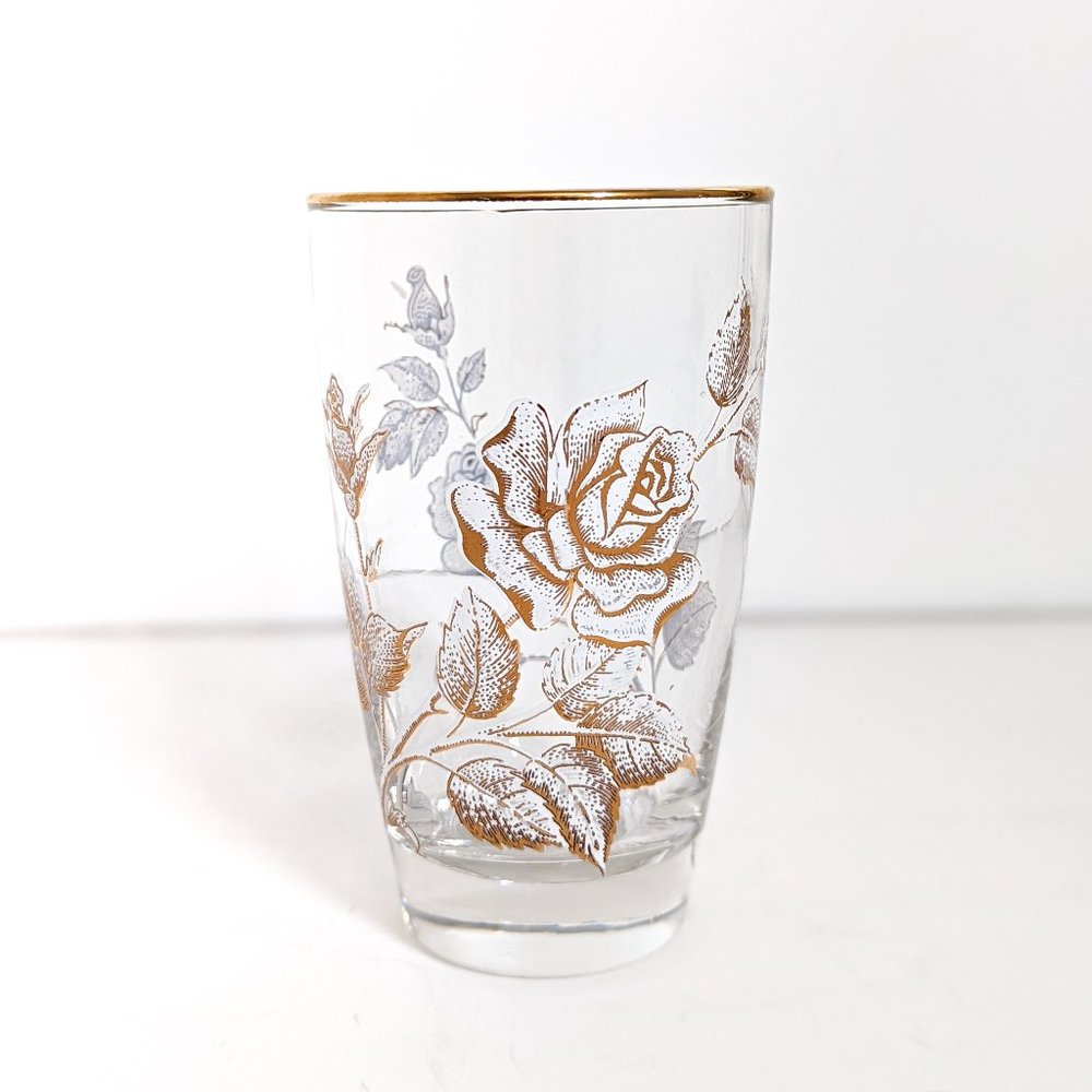 Vintage Libbey Tumbler Water Glass with White Rose Floral Pattern and Gold Rim